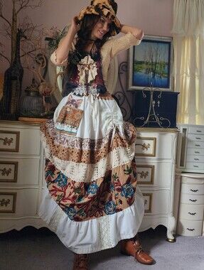 Maxi Skirt Dog Patchwork Puppy Vintage Embroidery Upcycled Antique Lace